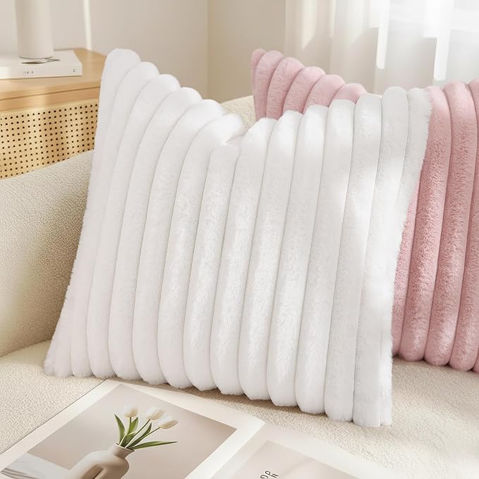 decorUhome Fall Cozy Faux Fur Throw Pillow Covers 20x20 Set of 2 Decorative Soft Plush Striped Modern Farmhouse Boho Couch Pillow Cases with Velvet Back for Sofa Bed Living Room, White