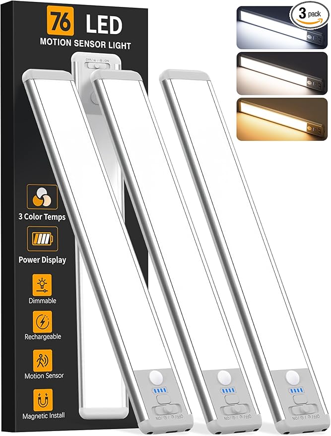 Under Cabinet Lighting Wireless, Rechargeable 10inch Motion Sensor Light Indoor, 3 Color Closet Light Battery Operated with LED Power Display, Magnetic Under Counter Lights for Kitchen, Home (3Pack)