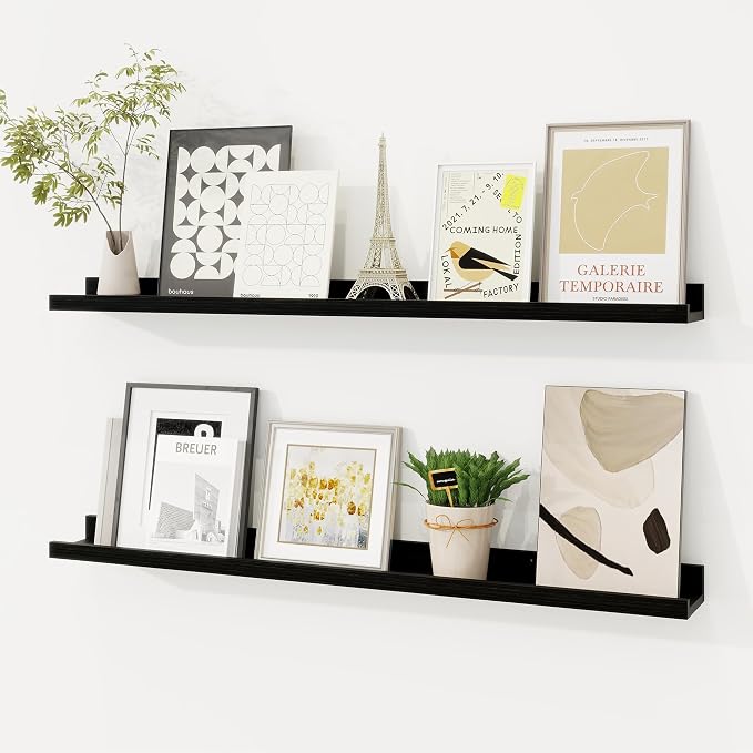 Picture Ledge Shelf, Floating Shelves Set of 2, 32 Inches Solid Wood Nursery Book Shelves for Toys Storage, Kids Bookshelf Wall Mounted for Living Room Bedroom Decor Books Photo Frames, Black