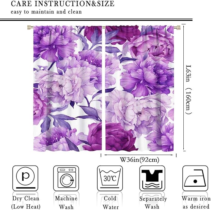 Floral Blackout Window Curtain Purple Blooming Flowers Style Print for Home Kitchen Livingroom Coffee Room Curtains Drapes 2 Panels 72x63in