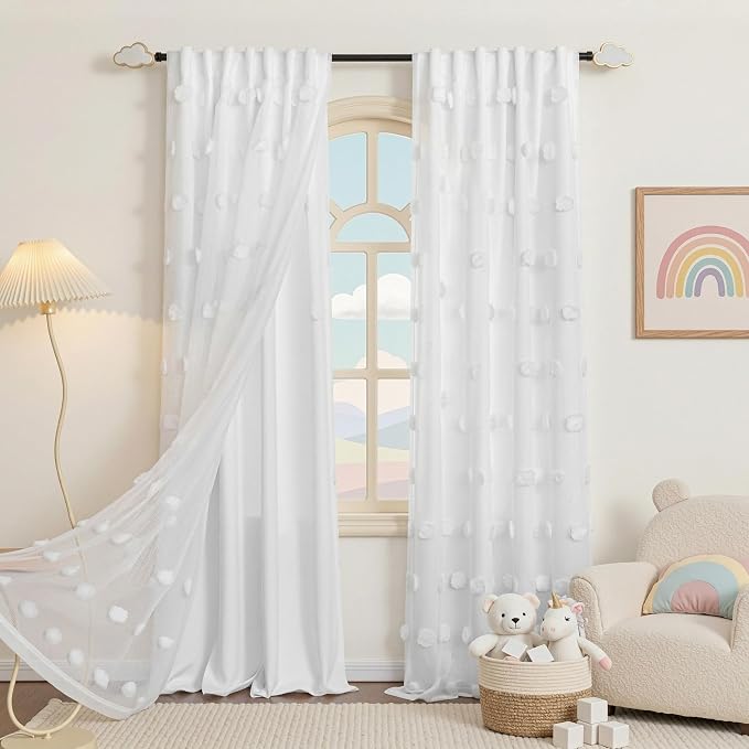 MYSKY HOME White Curtains Extra Long for Living Room and Kids Bedroom with White Pom Pom Sheer 95 Inch Length Back Tab Light Filtering Privacy Protect Window Drapes, W52 X L95, 2 Pieces