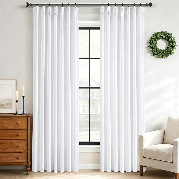Pinch Pleated White Curtains 108 inch Length for Living Room 2 Panels Light Filtering Semi Sheer White Linen Drapes Modern Elegant Coastal Decor Aesthetic Memory Shape Window Curtain 108 inches Long