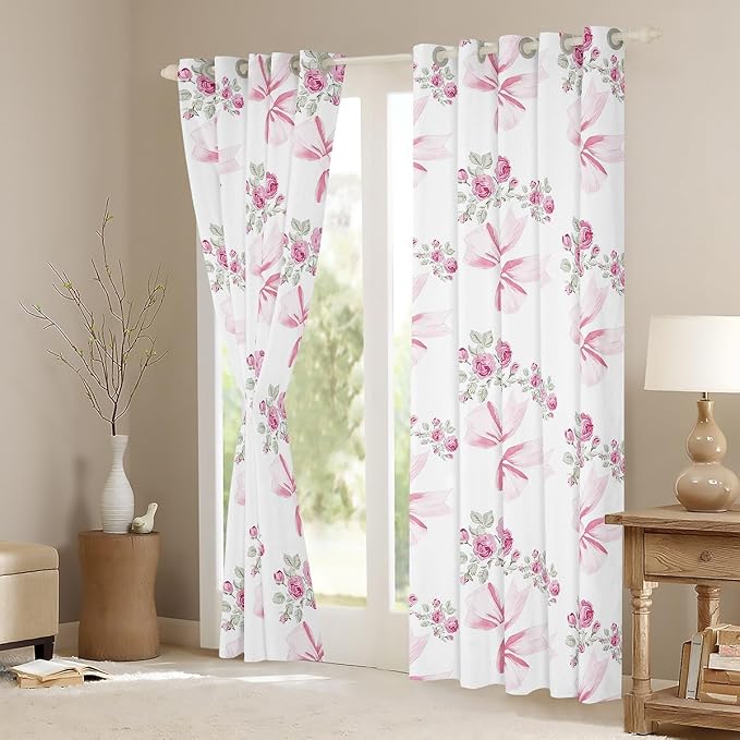 Erosebridal Girly Bowknot Curtain 52" Wx84 L,Watercolor Pink Rose Bow Window Treatments,Cute Bowknot Girls Women Window Curtain Princess Style Bow 30%-50% Blackout Curtains for Bedroom