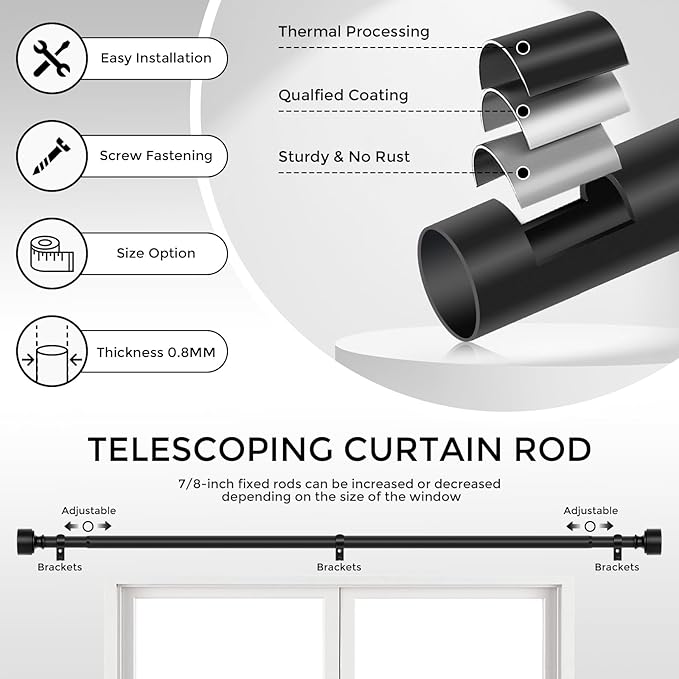 Black Curtain Rods for Windows 28 to 48 Inch(2.3-4ft), 1 Inch Diameter Heavy Duty Curtain Rod, Adjustable Decorative Drapery Poles 18-45", Matte Black