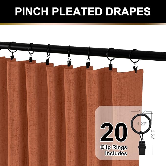 100% Blackout Shield Full Blackout Curtains for Bedroom 84 inch Length 2 Panels Set, Clip Rings/Rod Pocket Faux Linen Black Out Curtains for Living Room, Thermal Insulated, 50Wx84L, Burnt Orange