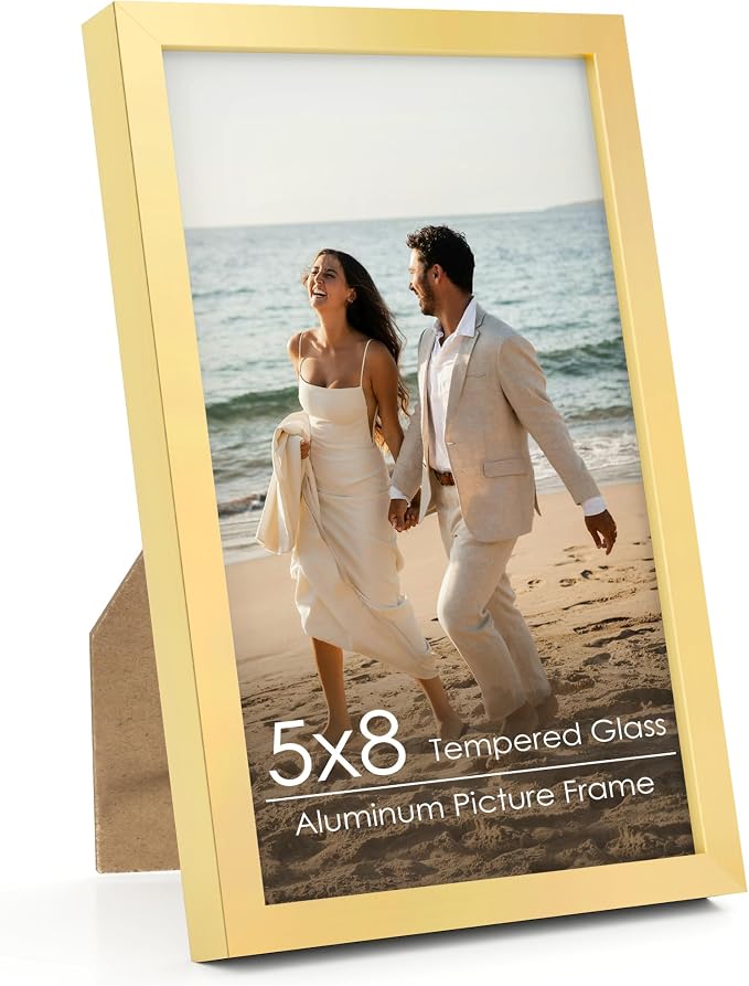 FLYJOE 5x8 Metal Picture Frame - Gold Aluminum Photo Frames-Real Real Glass,Tabletop Display,Mounting Horizontally or Vertically Decor for Wall Gallery Poster Photo 5x8 Frames, Gold