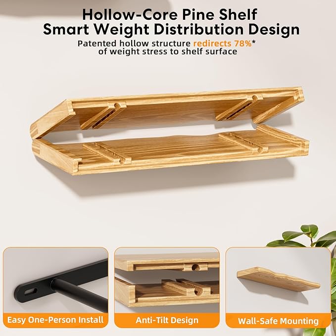 Solid Wood Live Edge Floating Shelves Set of 2 – 36" Rustic Wall Shelf with Hidden Bracket System, Wall Mounted Shelves for Bathroom, Kitchen, Living Room, Bedroom (Natural)