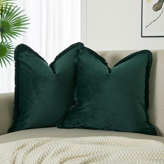 JUSPURBET Military Green Velvet Throw Pillow Covers 22x22 Inch Set of 2 with Soft Tassel Fringe Luxury Boho Pillowcase for Sofa Couch Bed Home Decor Machine Washable