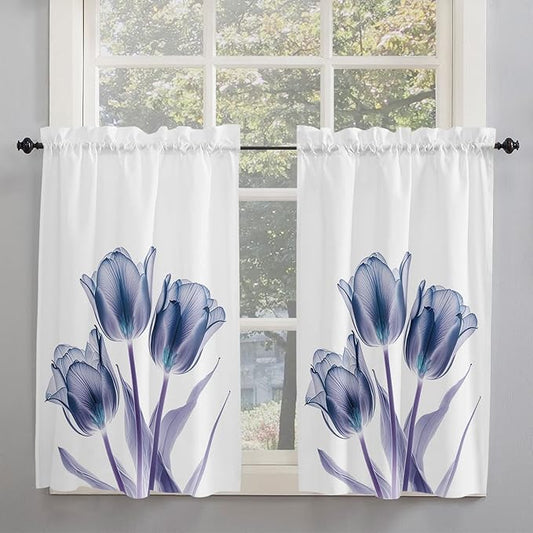 Kitchen Tier Curtains 45 inches Length, Abstract Transparent Flower Tulip Blue Purple Window Curtains for Living Room Bathroom,Rod Pocket Light Filter Drapes Short Half Window Treatment Tiers 2 Panels