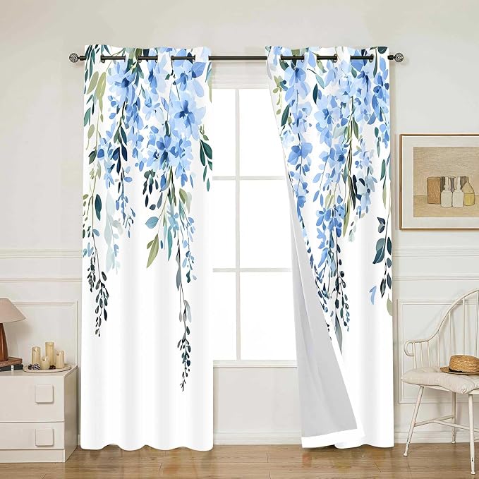 Blue Watercolor Floral Curtains, Botanical Leaves Vine Flowers Curtain, Rustic Farmhouse Flower Leaf Blackout Window Treatment Drapes for Bedroom Living Room 52x90 inch, 2 Panels