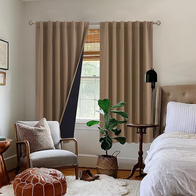 BGment 100% Room Darkening Thermal Insulated Blackout Curtains 63 Inches Long with Liner, Rod Pocket and Back Tab Double Layer Noise Cancelling Curtains for Bedroom (52 x 63 Inch, 2 Panels, Taupe)