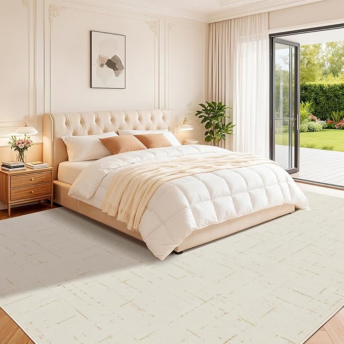 LIANLAM Washable Rug Area Rugs for Living Room - Stain Resistant Non-Slip Backing Boho Rug for Bedroom,Durable & Ultra-Thin Vintage Large Area Rug(10' x 12',White)