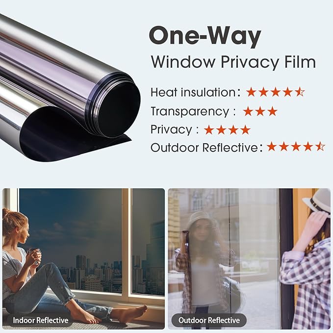 Viseeko Window Tint for Home Window Privacy Film See Out Not in Reflective One Way Window Film UV Sun Heat Blocking Window Film Static Cling for Home Office (Black, 17.5 x 78.7 in)