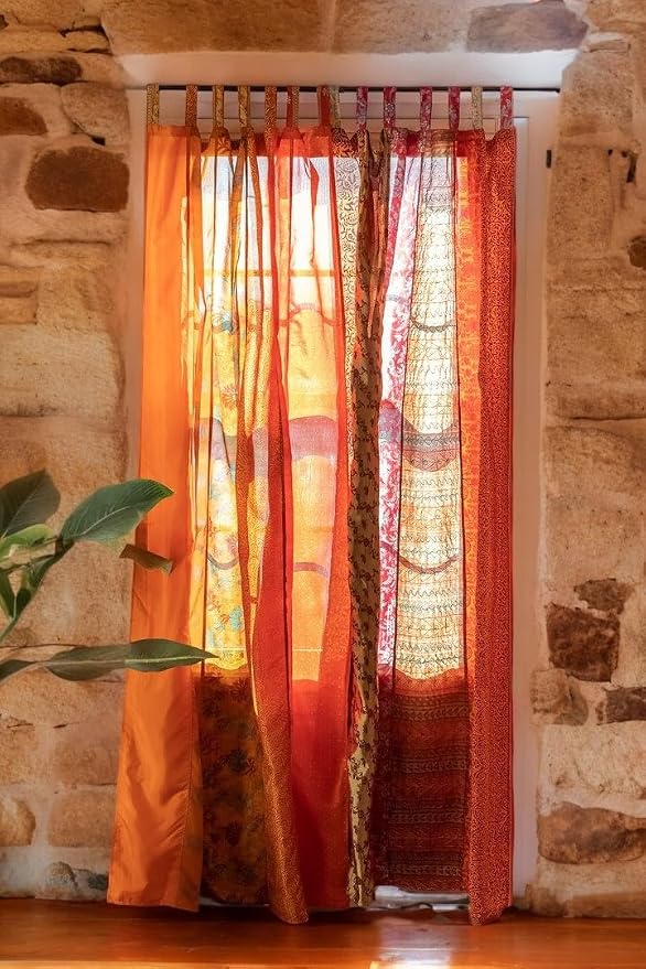 Assorted Hippie Colorful Curtains Light-Filtering – Boho Curtains, Bed Canopy Panel, Tapestry or Window Treatment Patchwork Orange Color (84 X 43 Inches)