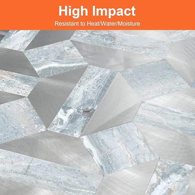 10-Sheets Peel and Stick Backsplash Tiles, PVC Marble Mixed Metal Look,Heat Resistant Stick on Tiles for Kitchen Wall,Bathroom,Laundry Room (Blue Marble & Silver)