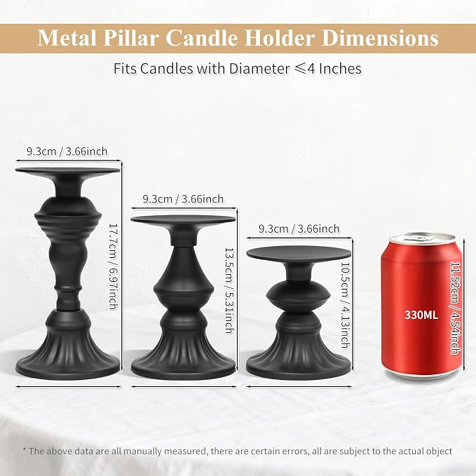 Matte Black Pillar Candle Holders Set of 3, Metal Vintage Antique Candle Stand for Pillar & LED Flameless Candles, Decorative for Table Centerpiece, Fireplace, Dining & Living Room Decoration
