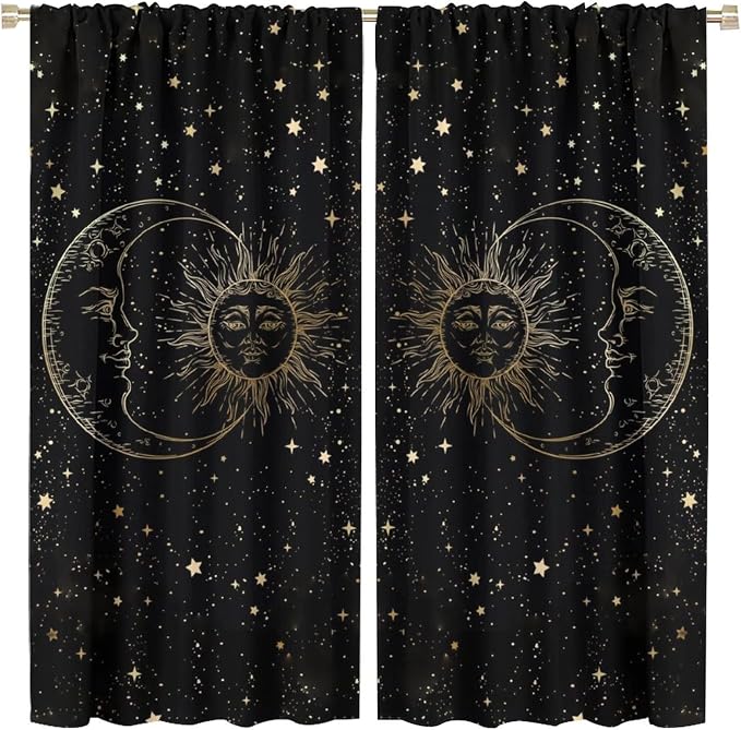 Sun Moon Blackout Windows Curtains, Golden Sun Moon and Stars Black Sky on Bohemian Style Curtains, for Living Room Bedroom 42x45in 2 Panels