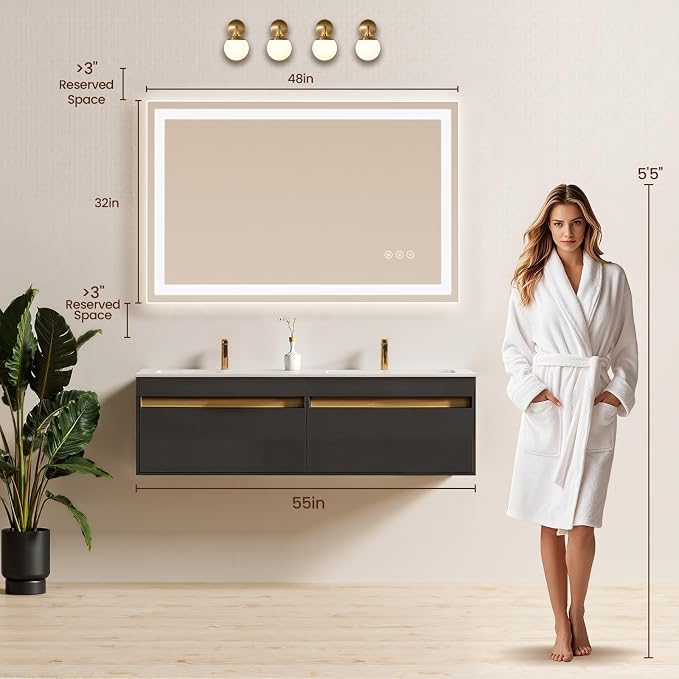 48X32 LED Bathroom Mirror with Lights, Anti-Fog, Backlit + Front Lit (CRI>90), Lighted Bathroom Vanity Mirror for Wall, Memory Function, Dimmable, Tempered Glass, Shatter-Proof