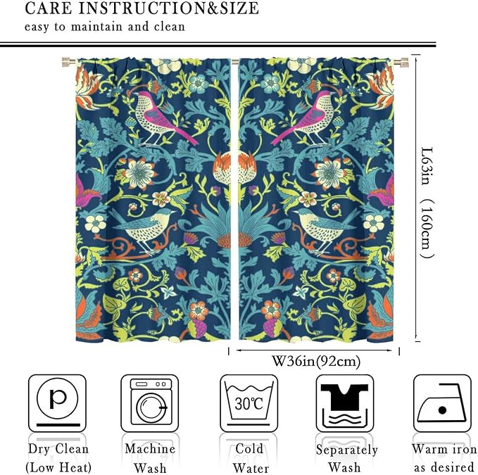 Boho William Morris Art Blackout Window Curtains, Magical Forest Vintage Flowers and Birds Rod Pocket Curtains, for Living Room Bedroom 36(W)*63(L) 2 Panels