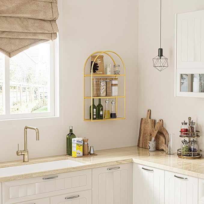 Crofy 3-Tier Arched Wall Shelf with Gold Frame & Transparent Shelves | Sturdy Tempered Clear Glass Shelves with Ample Storage Space; Decor for Living Room, Bath, Kitchen, Vanity & Home Office