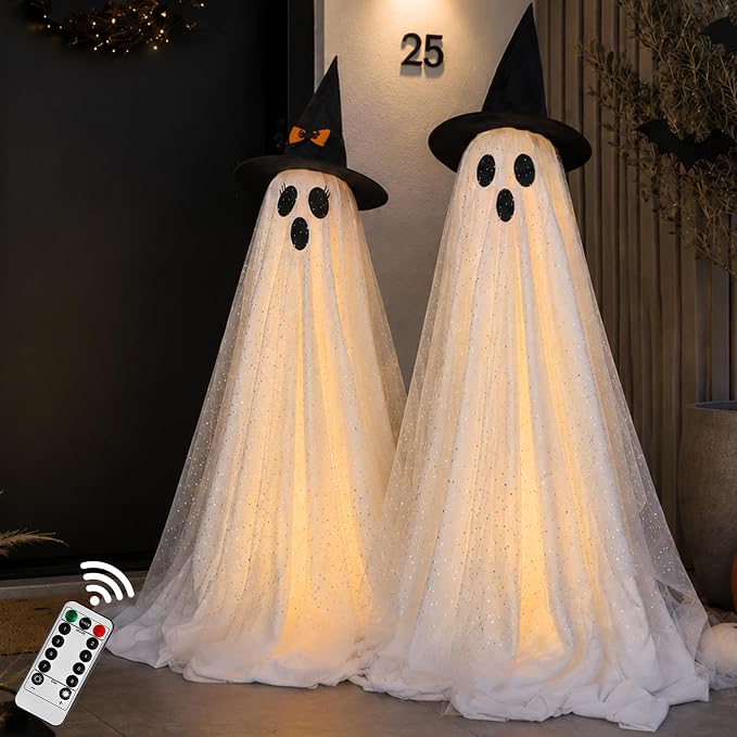 2Packs Halloween Decorations Outdoor,Halloweens Party Decoration Indoor,Spooky Ghost with Remote Control String Lights,Halloween-Ghost Lights for Porches Yards Gardens Lawn