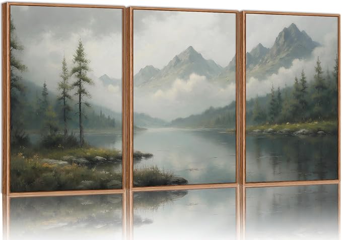 SIGNINART Large Green Forest Framed Canvas Wall Art Set, Misty Mountain Lake Wall Decor, Modern Foggy Wood Landscape Artwork, Nature Oil Painting Art Print for Living Room, Bedroom, Office 16"x24"x3