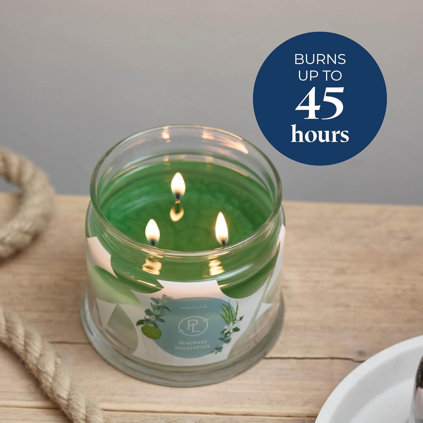 PartyLite Sea Grass Eucalyptus Scented, Notes of Eucalyptus, Lemon, Seagrass & Driftwood, 13.2oz 3-Wick Jar Candle, 45 Hour Burn Time, Luxurious Fragrance, Ideal for Gifting