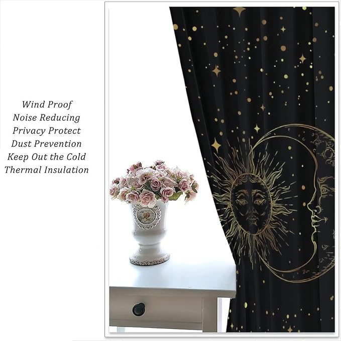 Sun and Moon Blackout Windows Curtains, Golden Planet Star Mysterious Galaxy Curtains Space Curtains, for Living Room Bedroom 63x63in 2 Panels