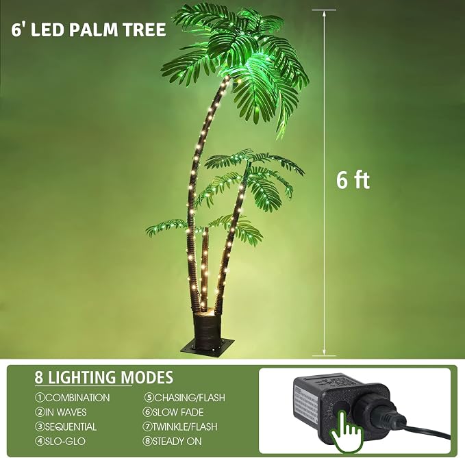 OUSHENG Lighted Palm Tree Bar Outdoor Christmas Decorations Decor, Light Up LED Artificial Fake Faux Trees Lights for Outside Patio Yard Pool Porch Deck Party Tropical, 6FT