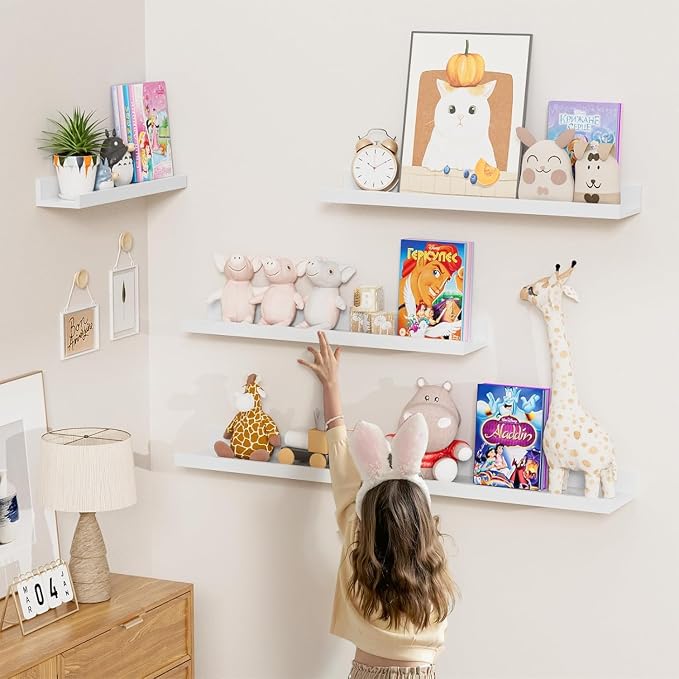Heimlove 20 inch Picture Ledge Shelf Set of 8,Long Floating Shelves for Wall,White Picture Shelf with Lip for Wall Decor,Living Room Bedroom Bookshelf Photo Frames Nursery Book Shelves for Storage