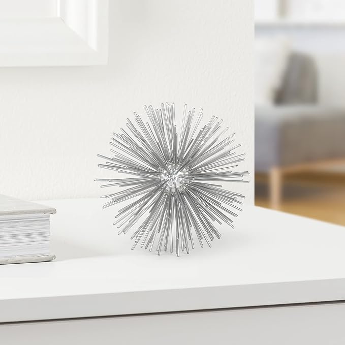 Torre & Tagus Spike Ball Silver Sphere Decor, Mid Century Modern Metal Silver Starburst for Home Decor On Shelf, Coffee Table, Wedding or Handmade Gift (4")