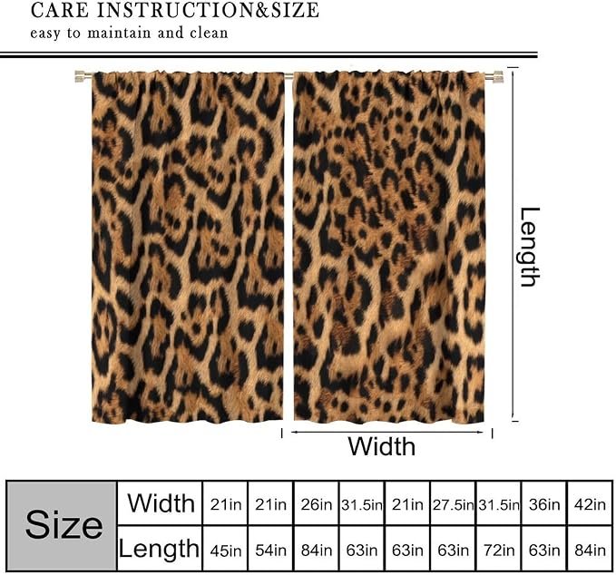 Leopard Print Blackout Curtain, Wild Animal Skin Black Brown Fur Leopard Print Curtains Rod Pocket Window Treatments 2 Panels Drapes for Dining Room Office Kitchen Bedroom Decor 84" W X 84" L