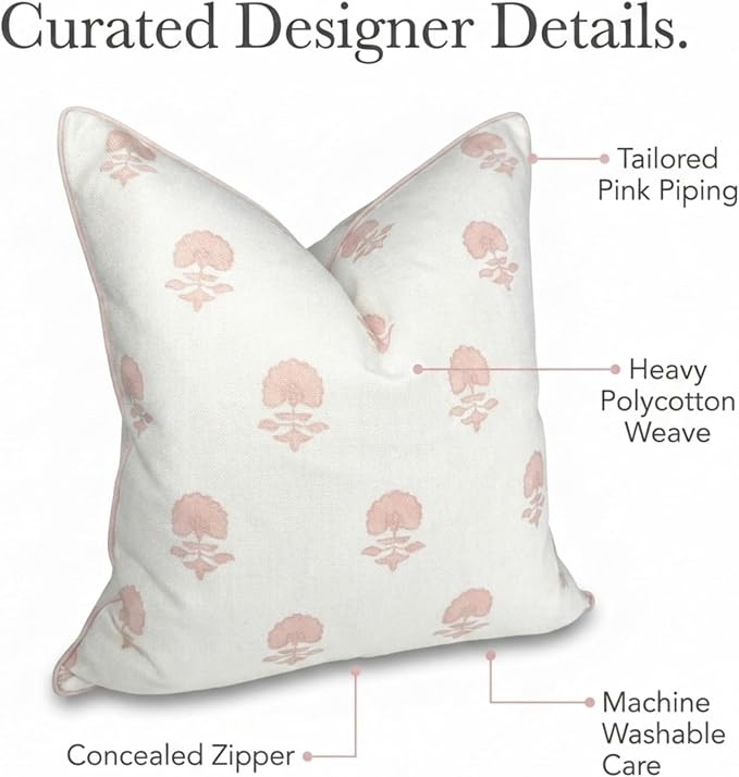 Jillien Harbor “The Lauderdale” Floral Block Print Pillow Cover – Blush Pink and Off-White Decorative Throw Pillow Cover – Grandmillennial Home Decor, 20" x 20"