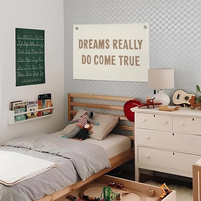 Motivational Positive Banner, Dreams Really Do Come True Linen Banner Wall Hanging Banner Flag Decor For Boy Girl Kids Room Nursery Playroom