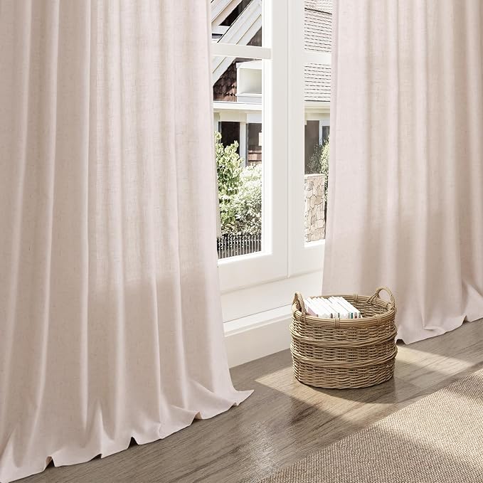 Nanspring Natural White Linen Curtains 90 Inches Long for Living Room Light Filtering Semi Sheer Neutral Farmhouse Decor Curtains Back Tab Privacy Burlap Textured Curtain for Bedroom 52x90, 2 Panels
