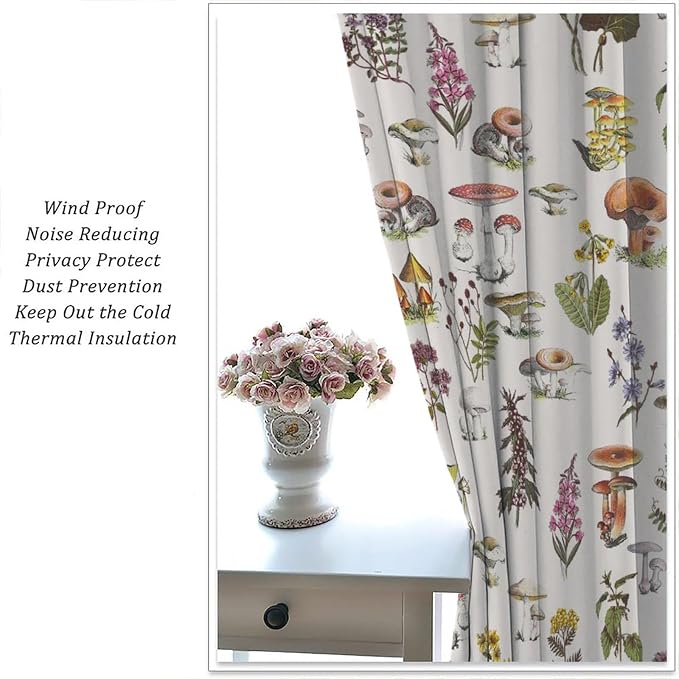 Vintage Botanical Curtains, Rustic Plants Herbs Mushroom Nature Wildflower Print Blackout Window Treatments for Living Room Bedroom Kitchen 63x72in