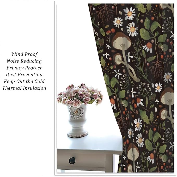 Mushroom Curtains,Green Plant Forest Botanical Print Window Treatments for Bedroom Living Room Kitchen Cartoon Herbs Floral Window Drapes 2 Panels Set,Total Size 63 x 72 Inch