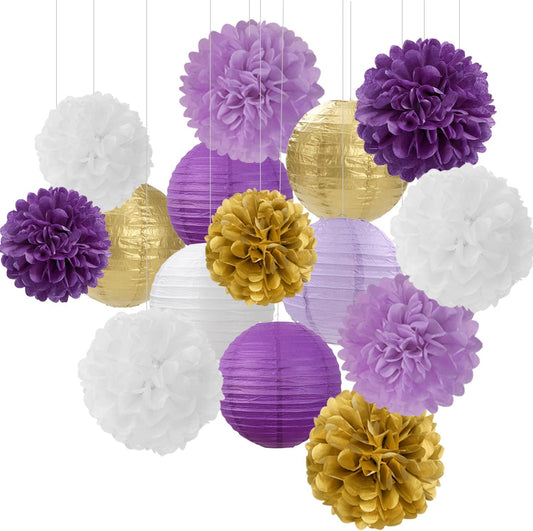 Purple White-Gold Party-Decorations Paper Flowers Lanterns - 15PCS Graduation Lavender Tissue Pom Poms Streamers,Wedding Birthday Bachelorette Baby Shower Classroom Hanging Supplies Decor Hugfond