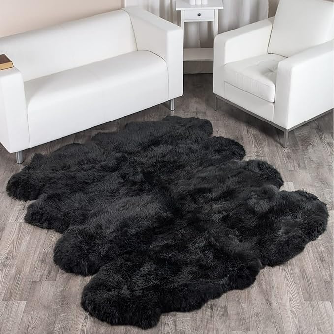 HUAHOO Premium Genuine Sheepskin Rug Real Australia Sheepskin Natural Luxury Fluffy Lambskin Fur Area Rug Seat Covers for Kids Bedroom Sofa Chair Cover Pets Dogs Mat Eight Pelt /6.2' x 7' Black