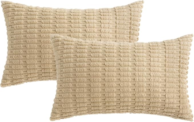 MIULEE Pack of 2 Corduroy Decorative Lumbar Throw Pillow Covers 20x12 Inch Soft Boho Striped Pillow Covers Modern Farmhouse Home Decor for Sofa Living Room Couch Bed Tan