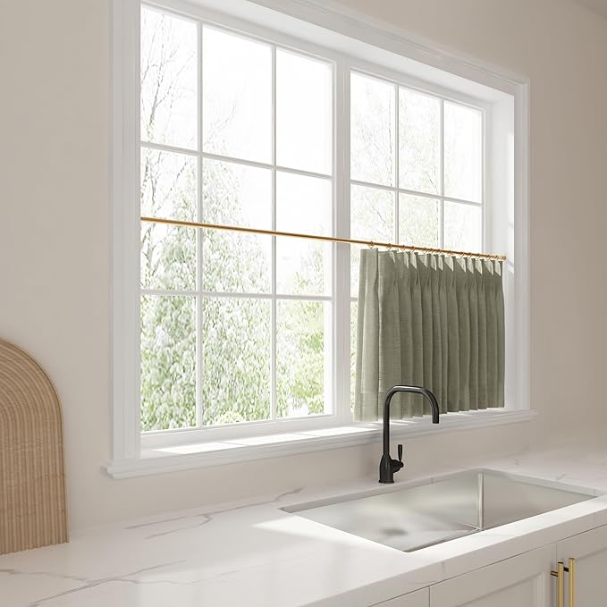 TWOPAGES 34" W x 45" L Linen Blend Cafe Curtains for Kitchen Window, Light Filtering Pinch Pleated Tier Curtains, Modern Farmhouse Half Window Curtains for Small Window, Pure Cashmere, 2 Panels