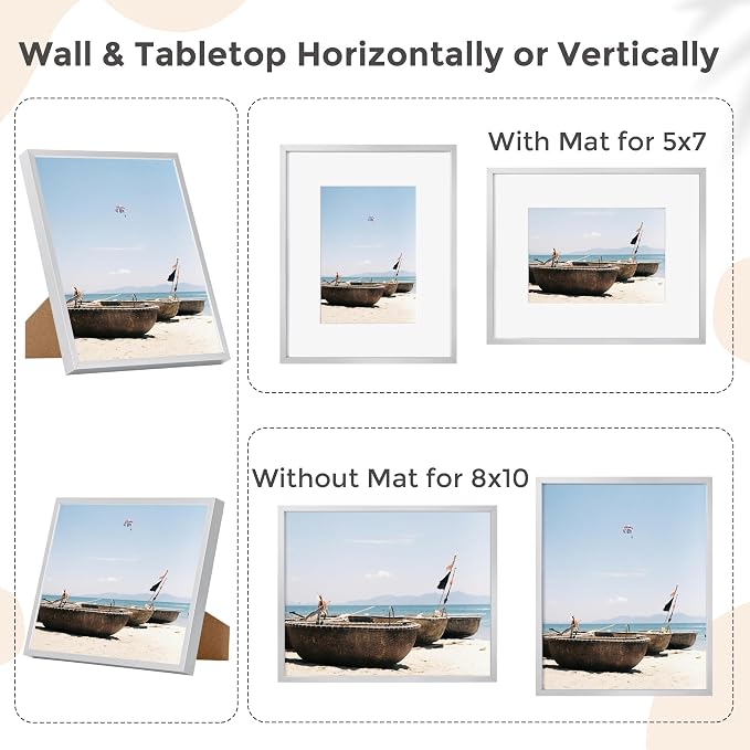 FLYJOE 8x10 Picture Frame - Metal Frame With Mat 5x7 | 8 x 10 Aluminum Photo Frame | Plexiglass And Hanging Hardware Included | Black 8x10 Picture Frame | Silver