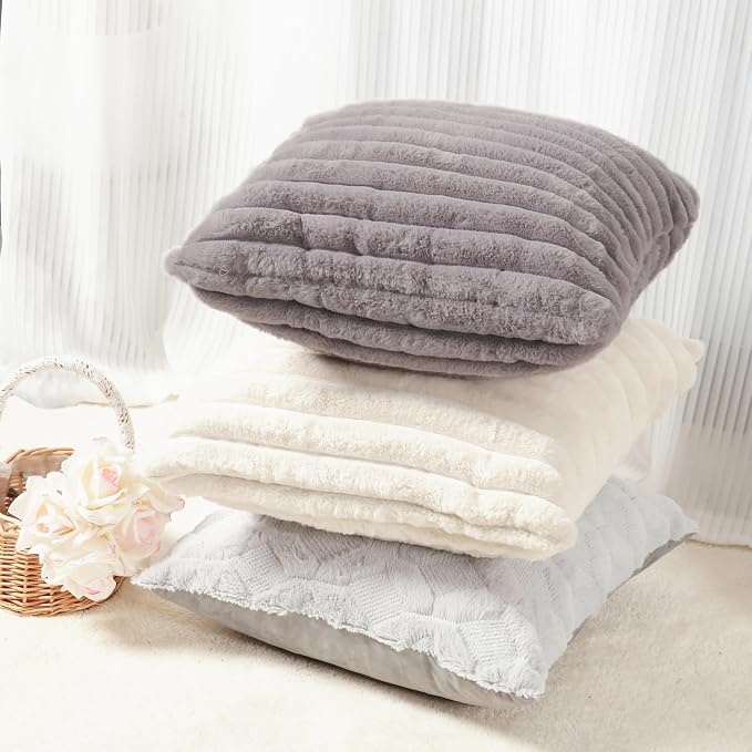 Decorative Throw Pillow with Inserts, Set of 2 Soft Faux Fur Throw Pillows, Square Boho Striped Pillow for Couch, Bed, Sofa Decor(Gray, 18" x 18")