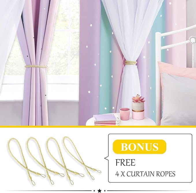 NICETOWN Blackout Curtains - Nursery Stars Cutout Decor for Bedroom Window Double Layer Drapes Sheer Overlay, Ombre Curtains for Living Room, 52 x 90 Inch, 2 Panels, Purple & Blue & Pink
