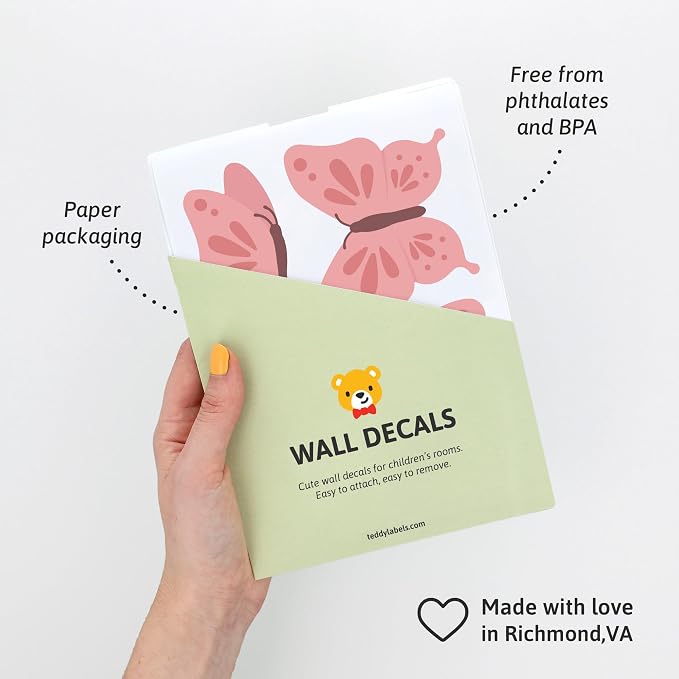 Teddylabels - Pink Butterflies - Easy-to-Apply & Removable Wall Stickers: Transform Your Toddlers Bedroom with Durable, Vibrant Peel-and-Stick Wall Decor – Stickers for Kids