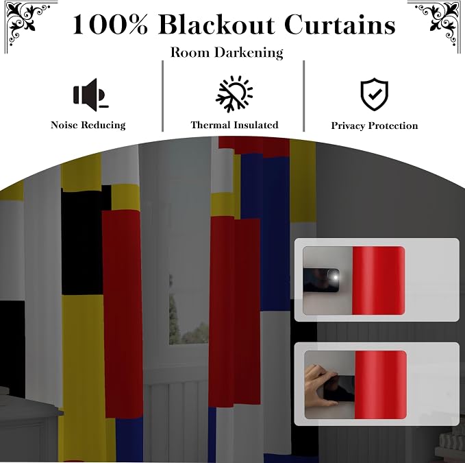 Tyrot Colorful 100% Blackout Curtains for Bedroom 96 inch Long 2 Panels Set Red Yellow Modern Abstract Geometric Black Out Curtains Insulated Room Darkening Window Drapes for Living Room, 52Wx96L