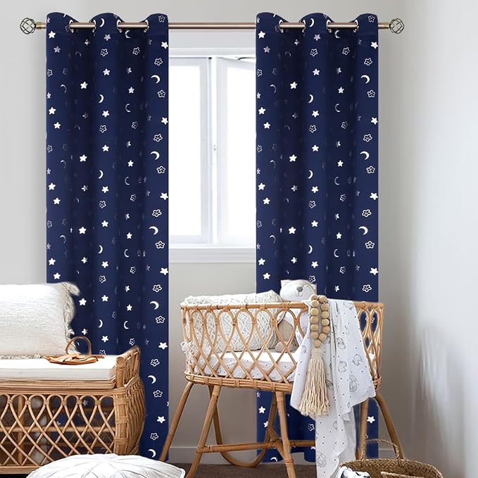 BGment Kids Curtains for Bedroom 84 Inch Length 2 Panels Set, Star and Moon Blackout Curtains for Boys Room Decor, Nursery Thermal Insulated Room Darkening Curtains with Grommet, 42 Wide, Navy Blue