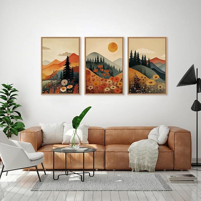 LHIUEM Large Boho Mountain Sunset Framed Canvas Wall Art Set, Pine Tree Flowers Wall Decor, Nature Landscape Forest Artwork for Living Room,Bedroom,Dining Room,Office -24"x36"x3
