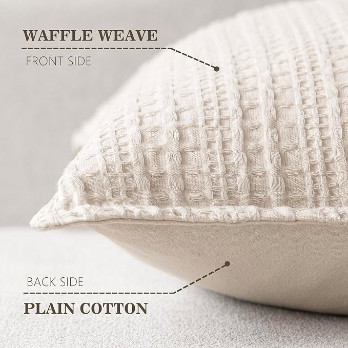 Foindtower Set of 2 Decorative Cotton Waffle Weave Throw Pillow Covers Euro Shams Cushion Covers Accent European Pillowcase for Bed Couch Sofa Bedroom Living Room Home Decor 22×22 Inch Natural Ivory