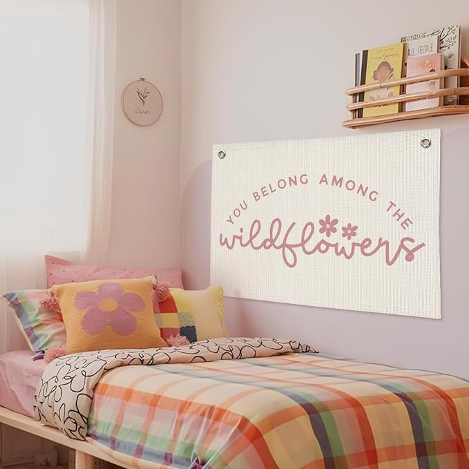 Wildflower Nursery Decor, Pink Floral Wall Art Vintage Nursery Wildflower Banner, Baby Girl Nursery Decor - 20x30 Inch